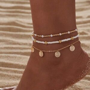 Free People Gold and White Layered Beaded Anklet Set